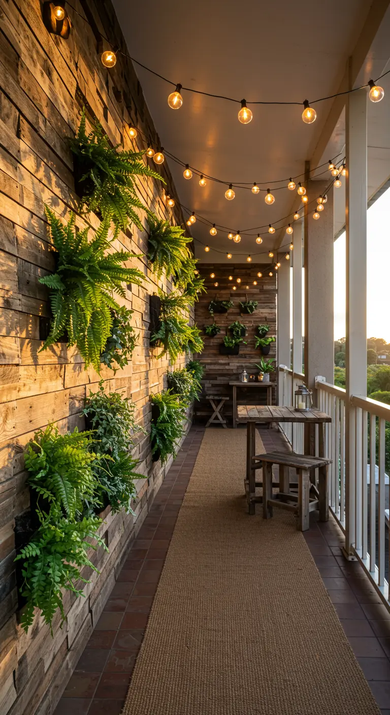 Balcón alargado con una pared cubierta de madera y maceteros colgantes con helechos frondosos