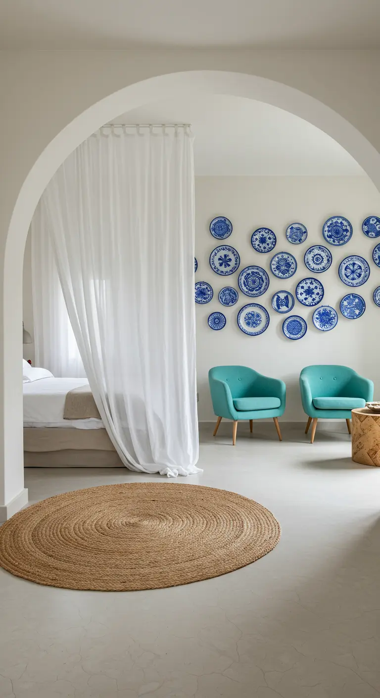 Rincón de un dormitorio griego con una pared decorada con platos de cerámica azules y blancos.