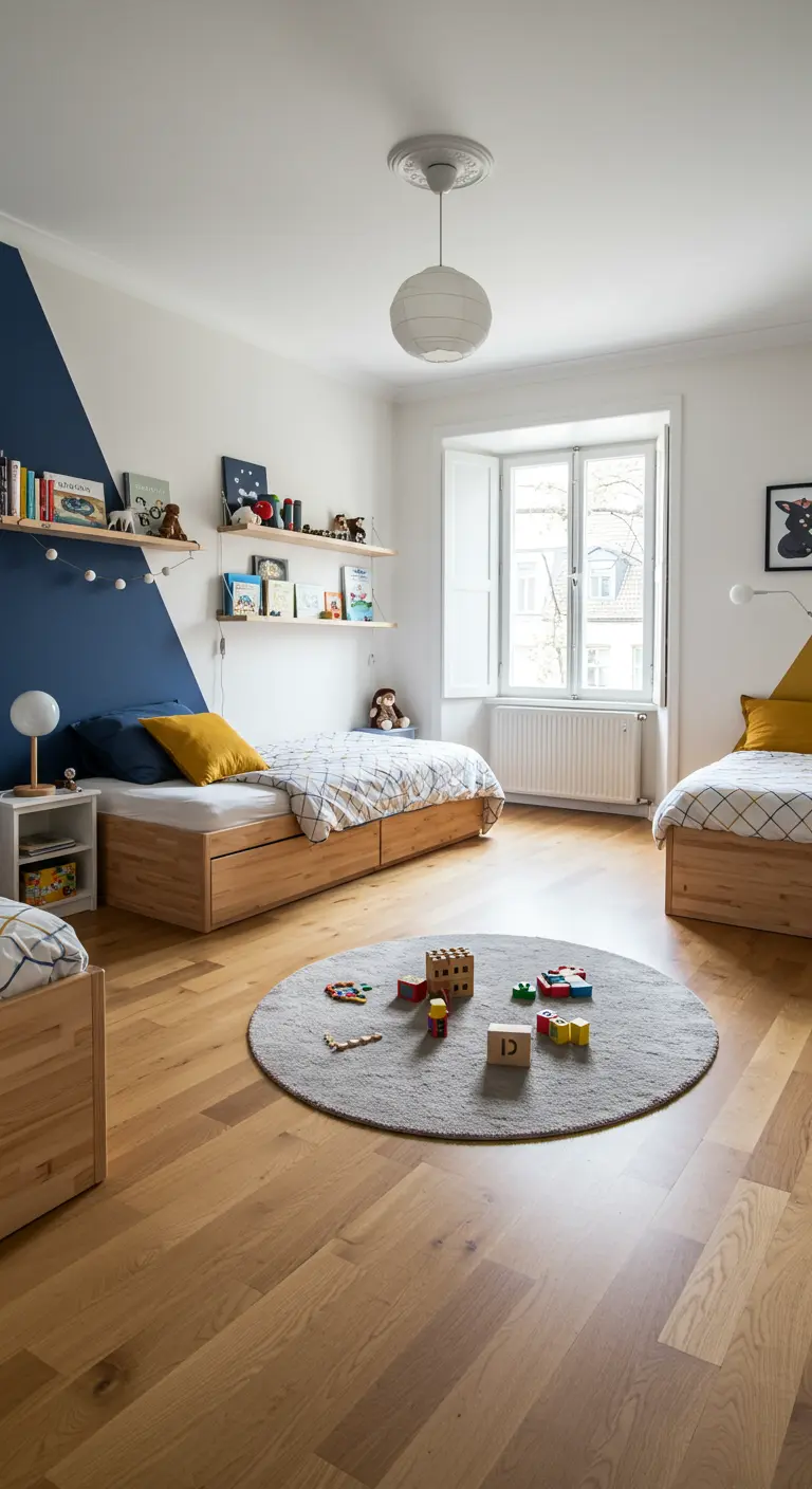 Habitación infantil compartida con pared pintada en azul en diagonal y camas de madera con cajones.