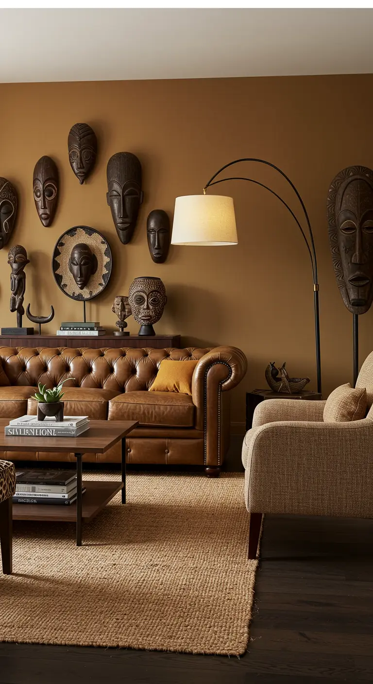 Sala de estar con una colección de máscaras africanas en una pared color ocre y sofá de cuero.