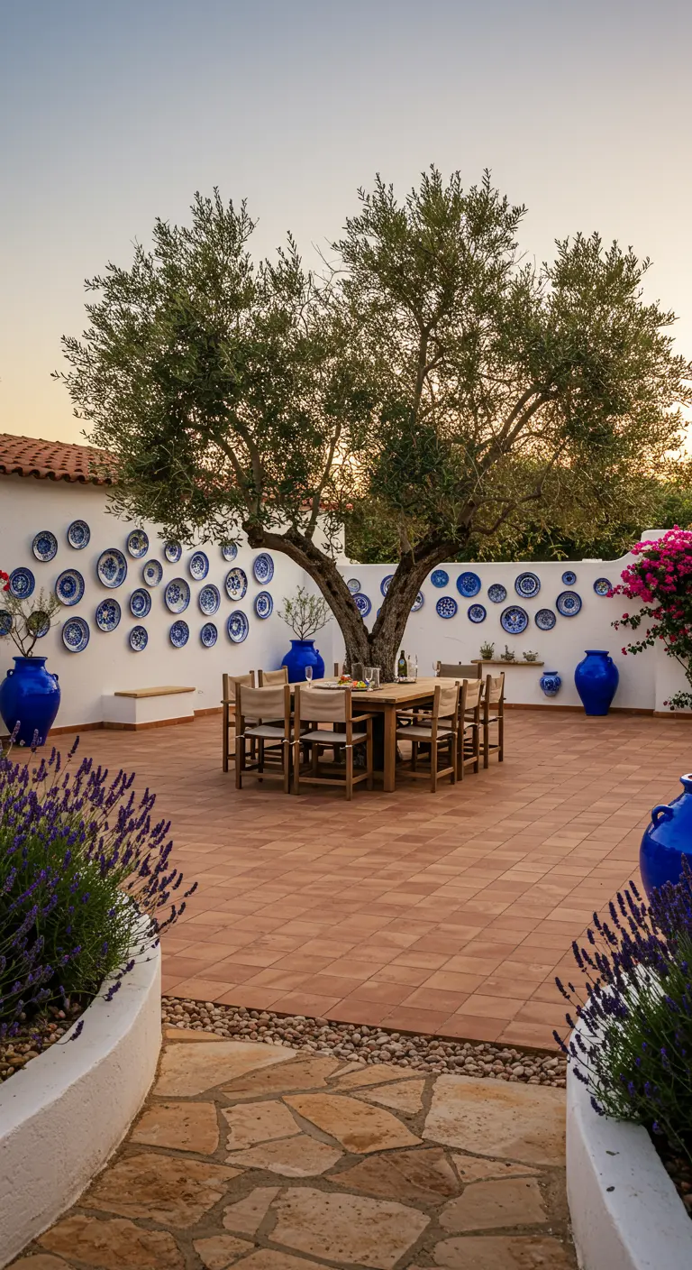Patio con pared blanca decorada con platos de cerámica azul, un olivo y lavanda