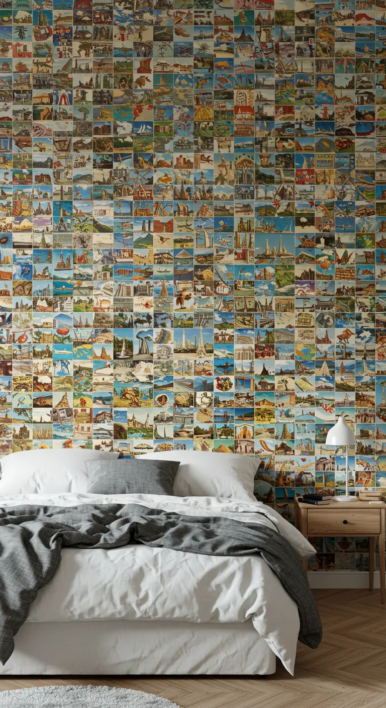 Pared de acento en un dormitorio cubierta completamente por un collage de postales de viajes.