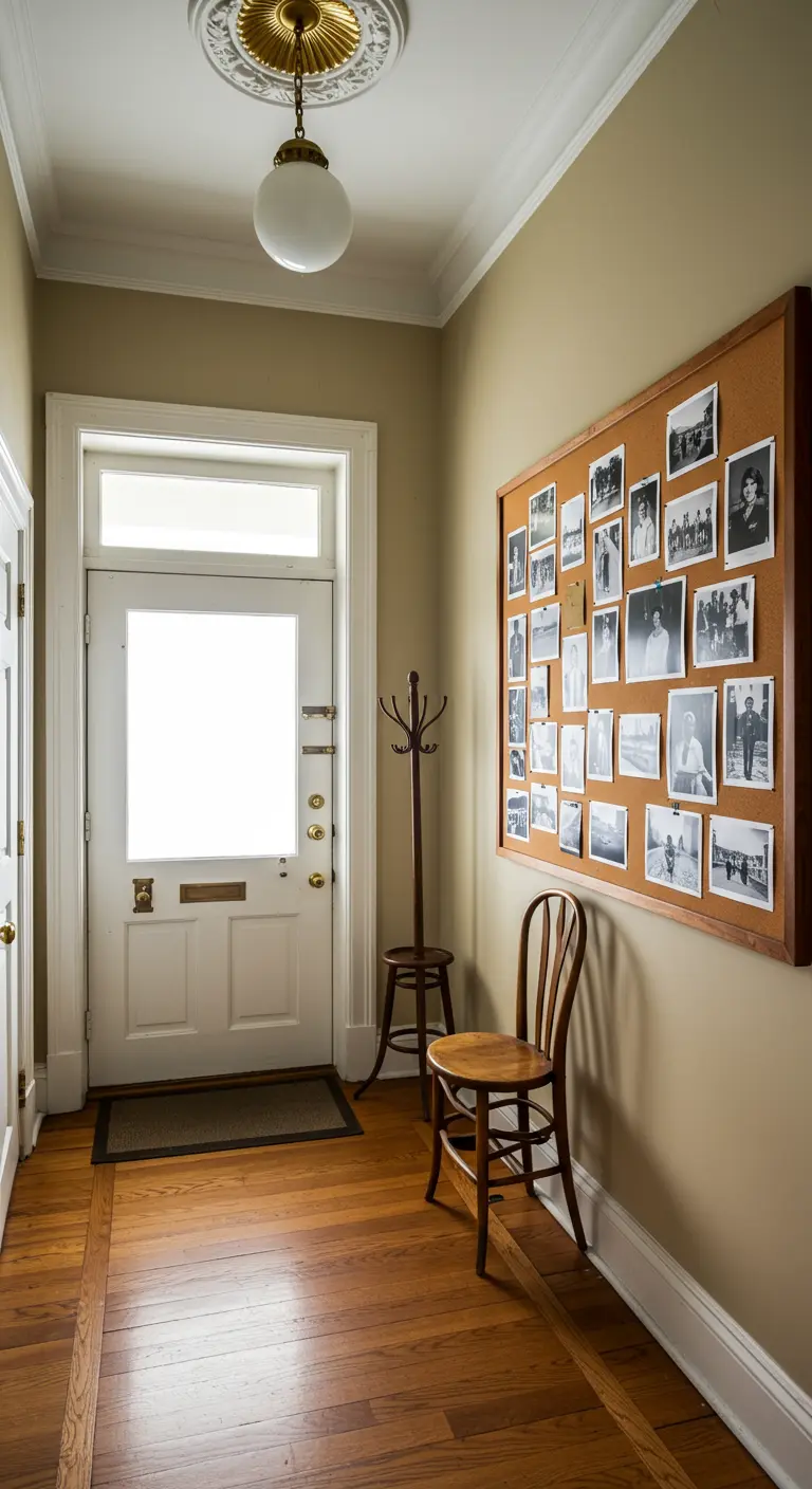Pared de entrada con un gran tablero de corcho cubierto de fotos familiares en blanco y negro.