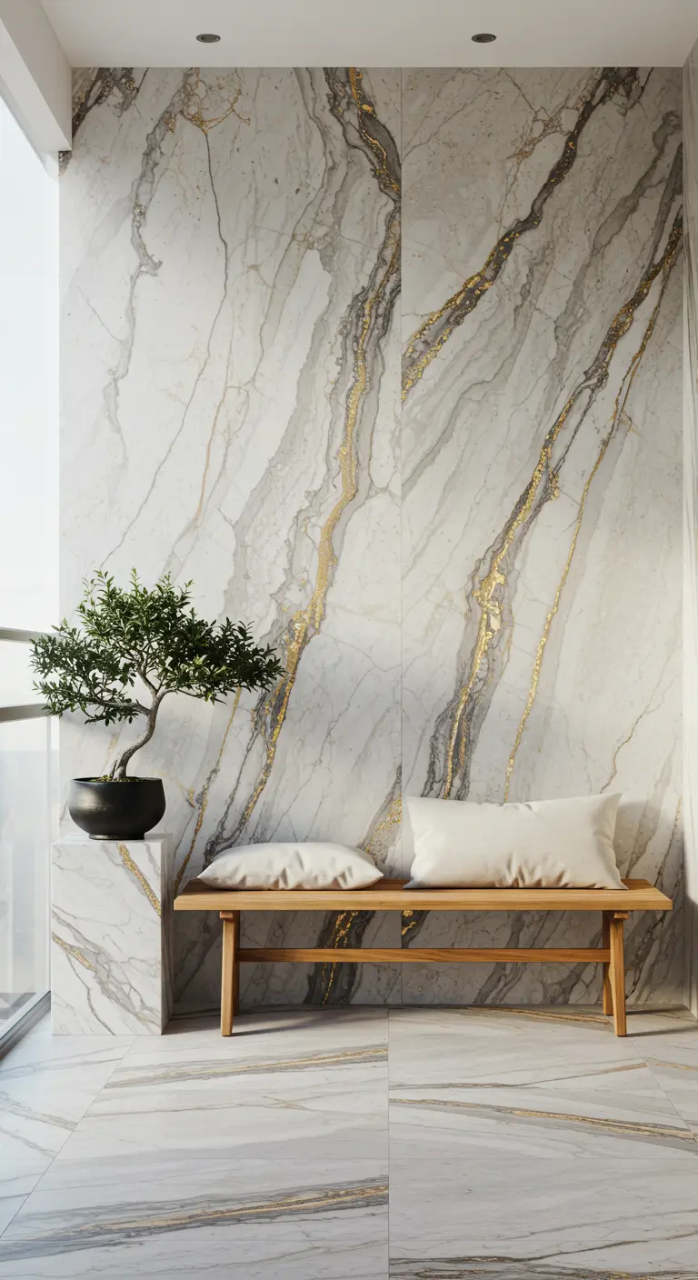 Pared de balcón revestida con paneles de mármol blanco con vetas doradas, un banco y un bonsái.