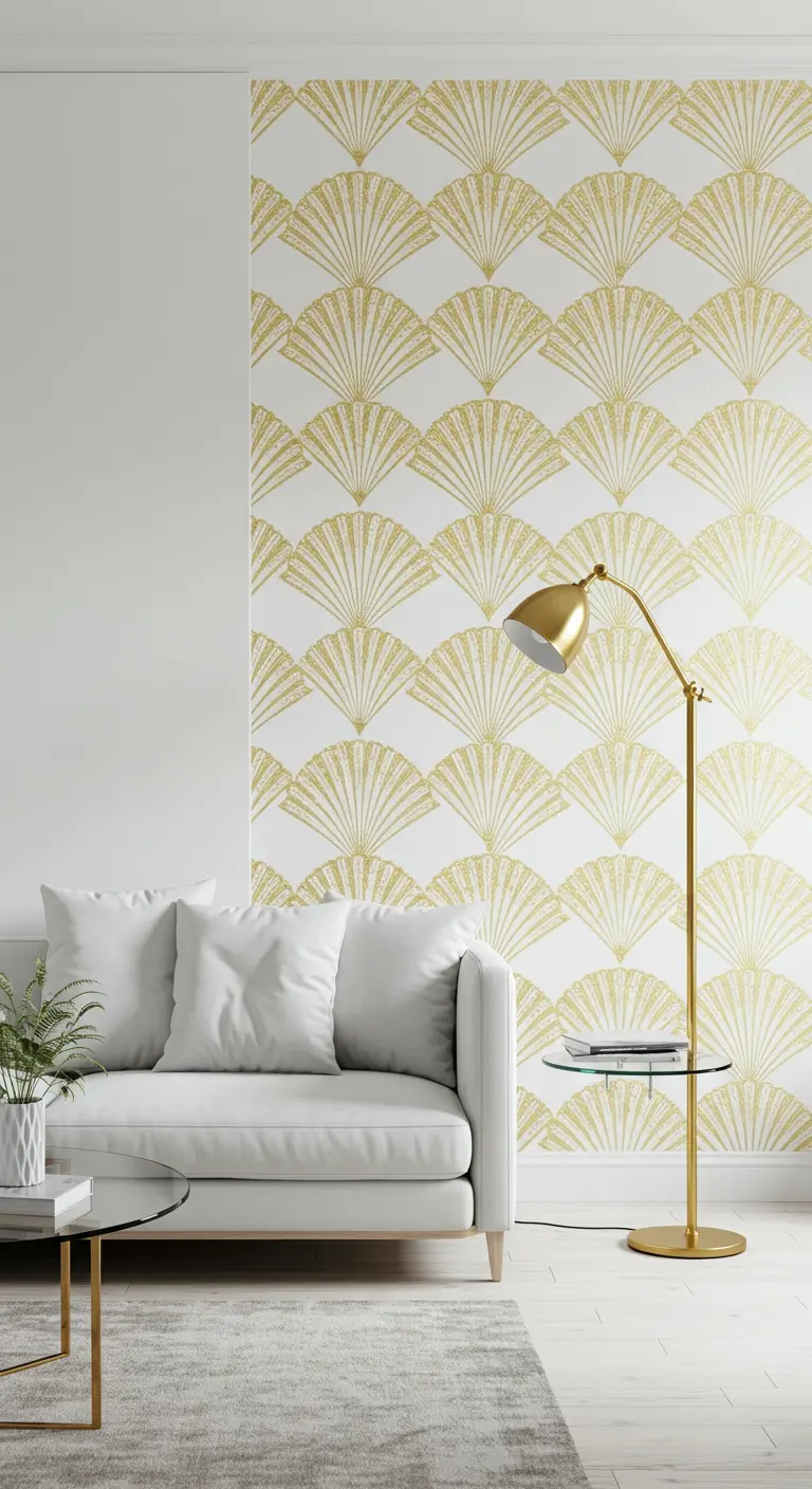 Pared de acento con papel pintado de abanicos dorados y blancos, junto a un sofá blanco y una lámpara de lectura dorada