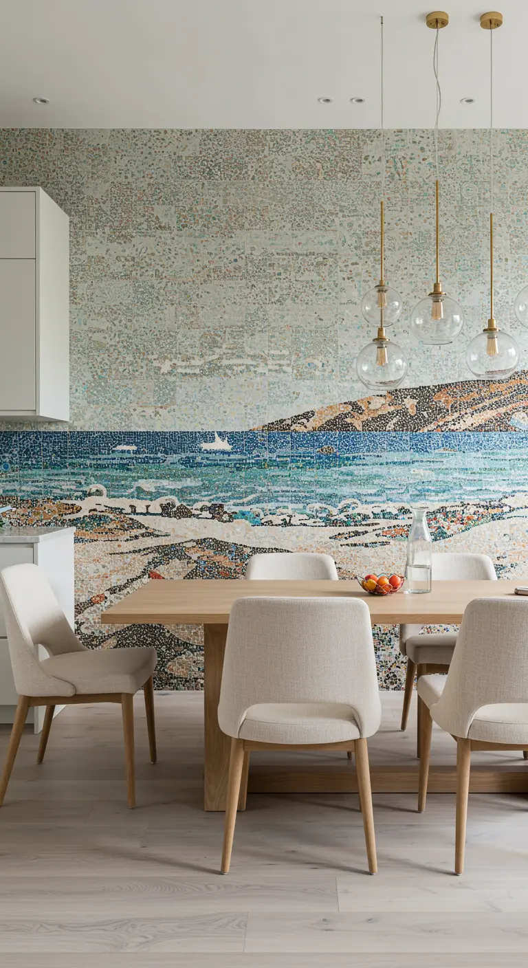 Pared de cocina cubierta con un mural de mosaico que representa una playa, con mesa de comedor.
