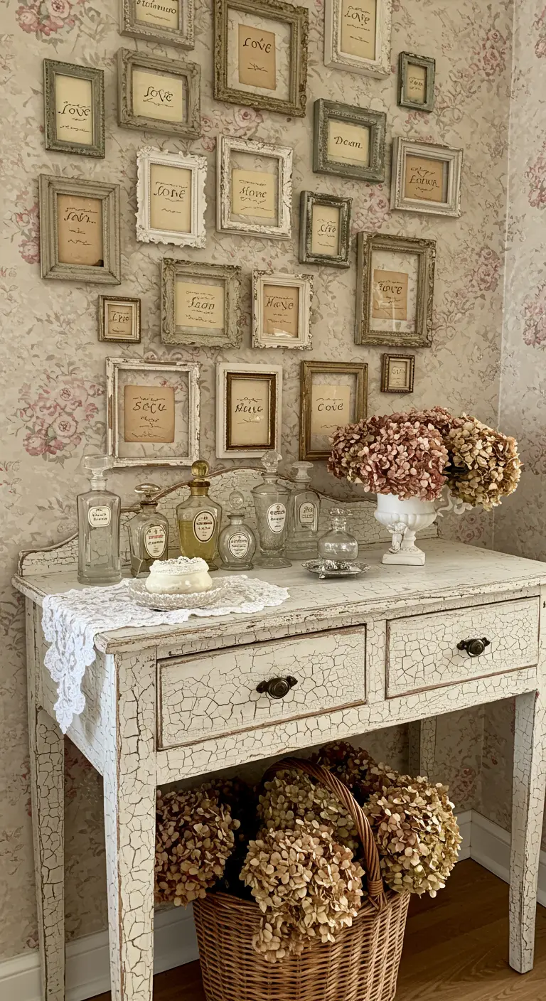 Pared con una colección de pequeños cuadros vintage con la palabra 'Love' sobre una consola shabby chic.