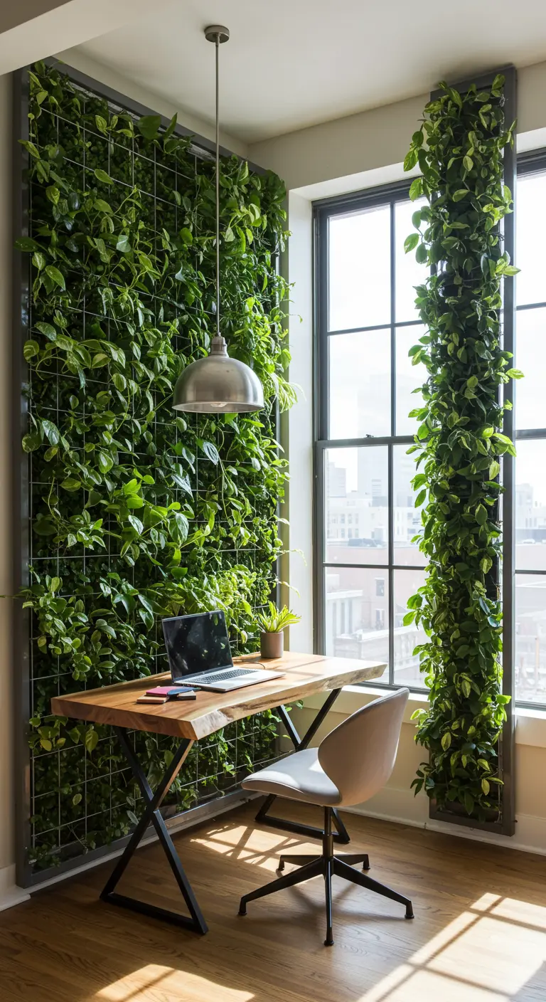 Oficina con un escritorio de madera frente a una impresionante pared verde llena de plantas.
