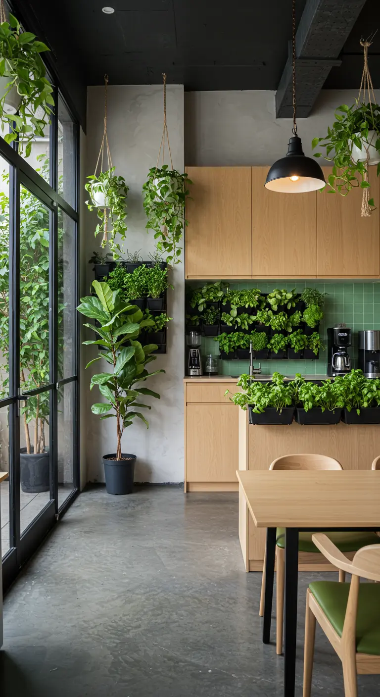 Cocina con un jardín vertical en la pared, gabinetes de madera clara y suelo de cemento.
