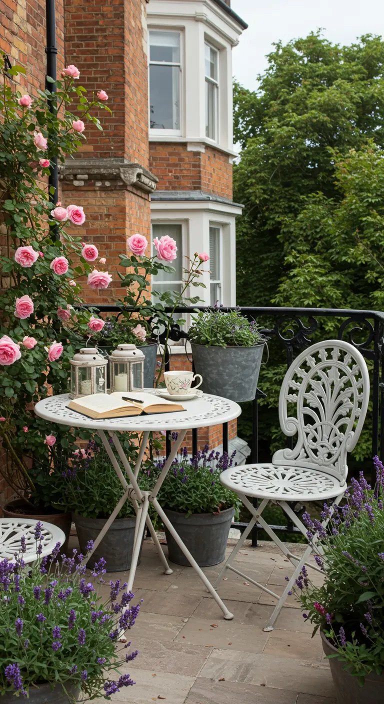 Balcón estilo jardín inglés con mesa de forja blanca, rodeado de rosales y lavanda