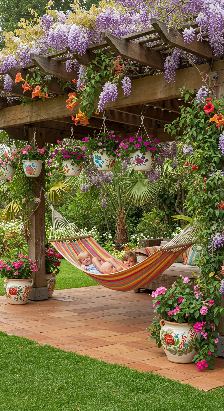 Pérgola de madera cubierta de flores de glicina con una hamaca de colores y niños jugando.