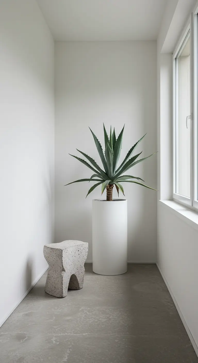 Rincón de balcón minimalista con una gran planta de agave en una maceta blanca y un taburete de piedra.