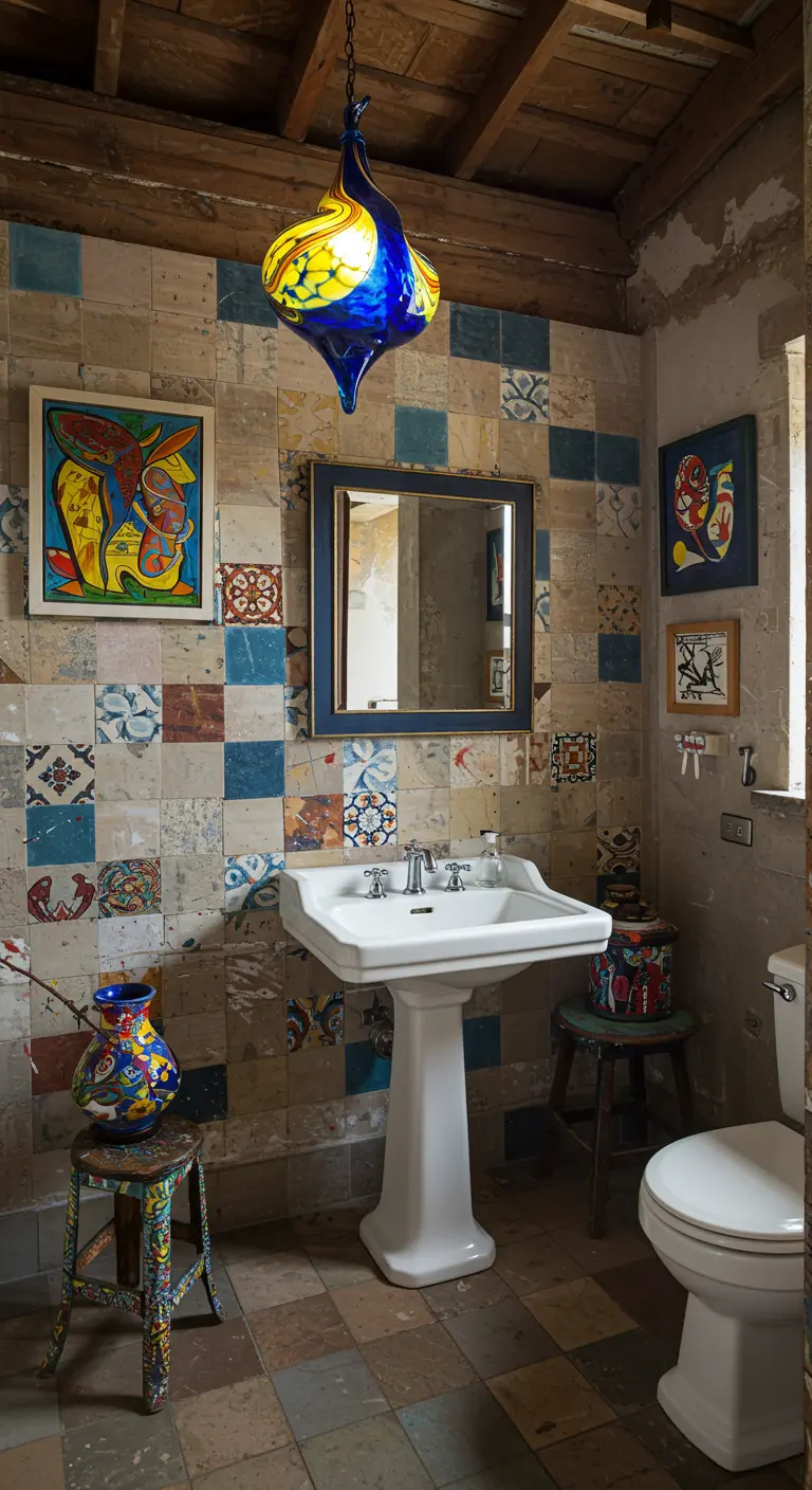 Baño ecléctico con azulejos patchwork y una lámpara colgante de vidrio de colores