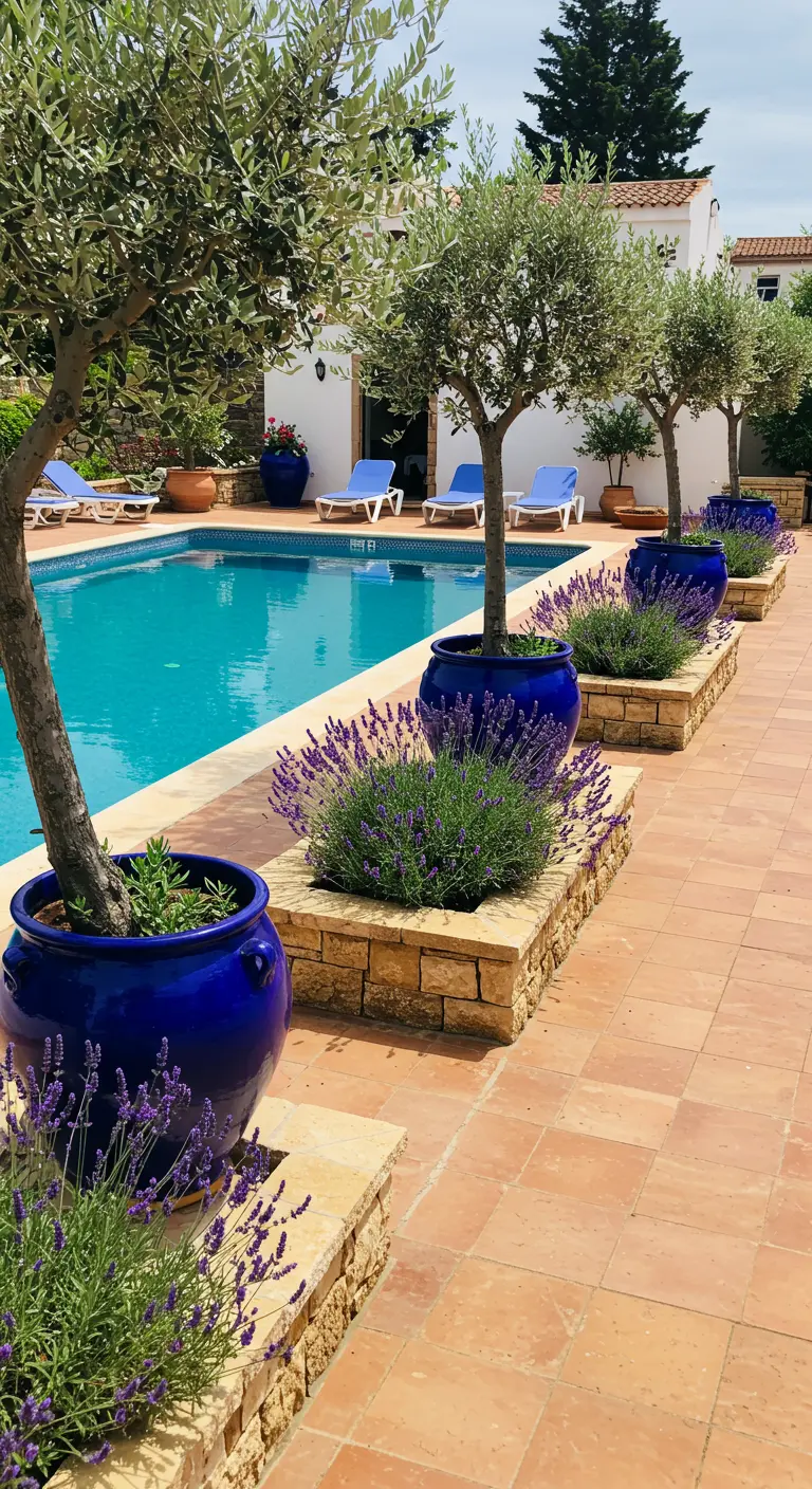 Borde de una piscina con una fila de olivos en macetas azules y arriates de lavanda