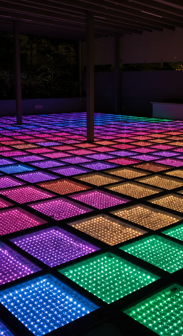 Suelo de patio compuesto por paneles cuadrados de luces LED de múltiples colores brillantes.