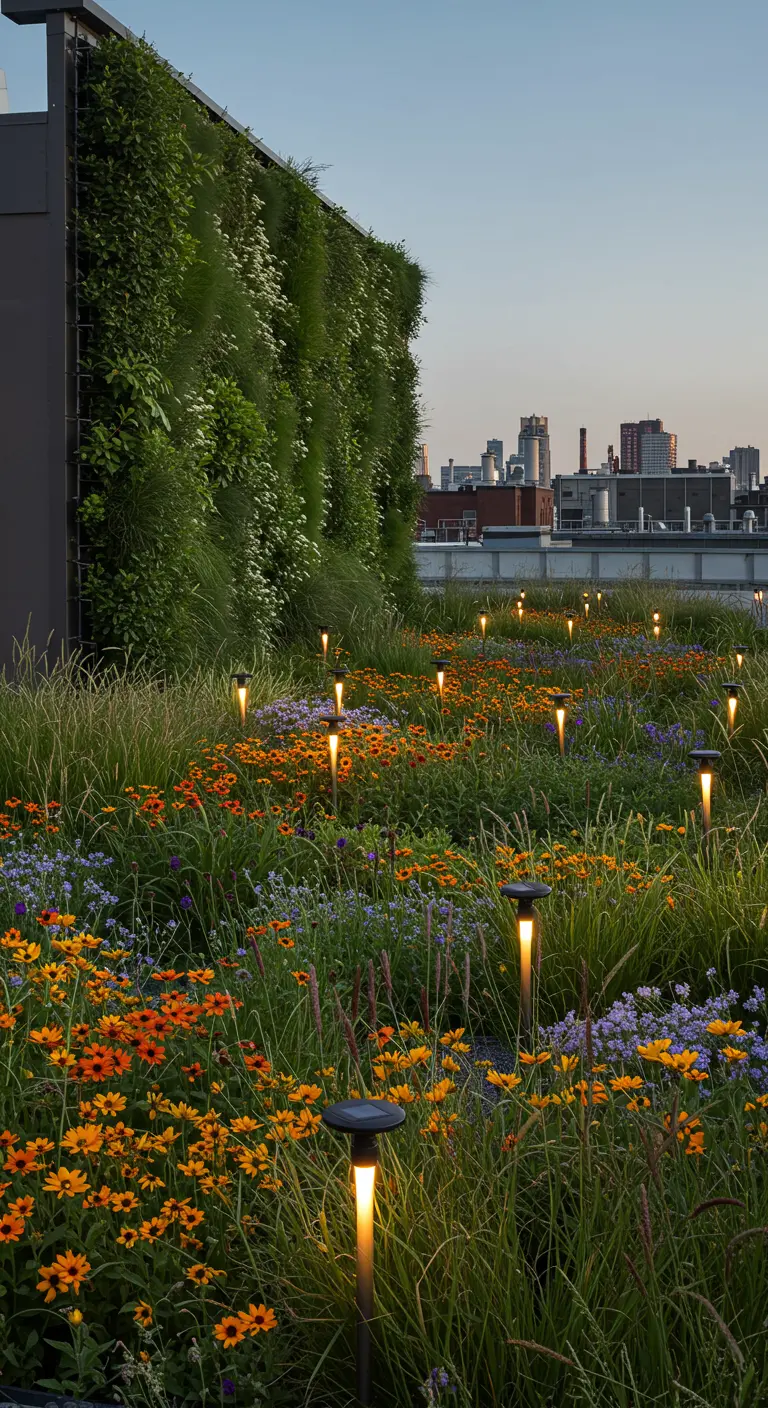 Azotea convertida en un prado de flores silvestres salpicado de delgadas luces solares.