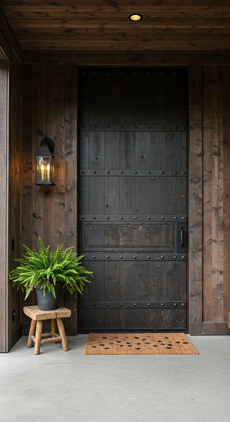 Puerta de madera oscura de estilo medieval con remaches y herrajes de hierro, en un porche rústico.