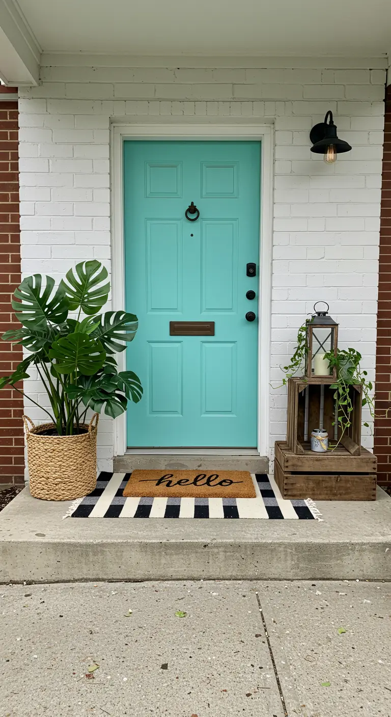 Puerta de entrada color turquesa con un felpudo doble y una planta Monstera en una cesta de mimbre.