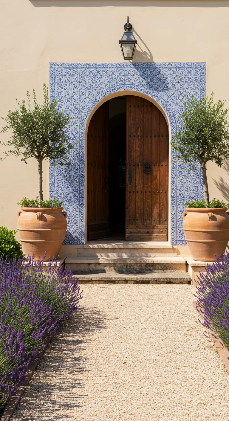Entrada con puerta de madera arqueada, enmarcada por azulejos azules y flanqueada por olivos