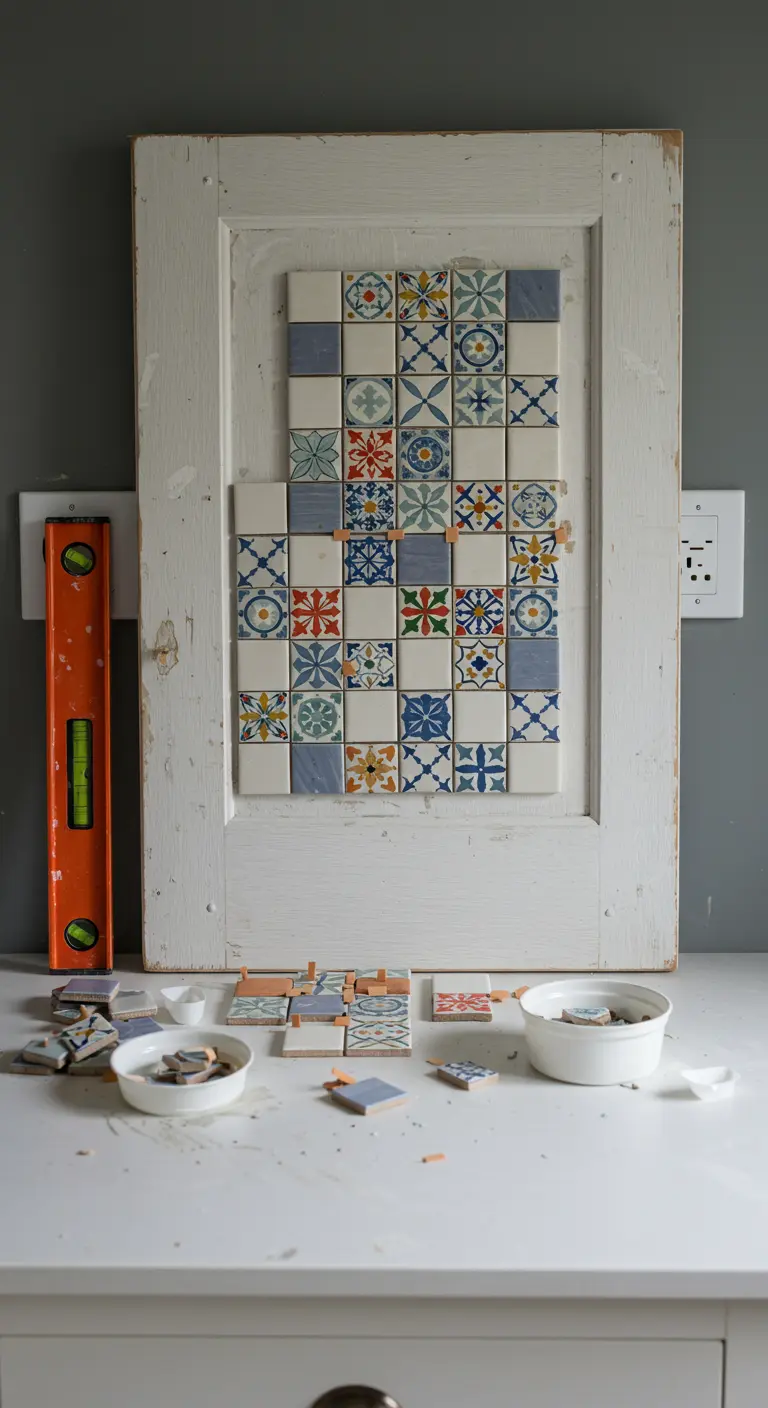 Puerta de madera blanca y desgastada con un mosaico rectangular de azulejos de estilo portugués en el centro.