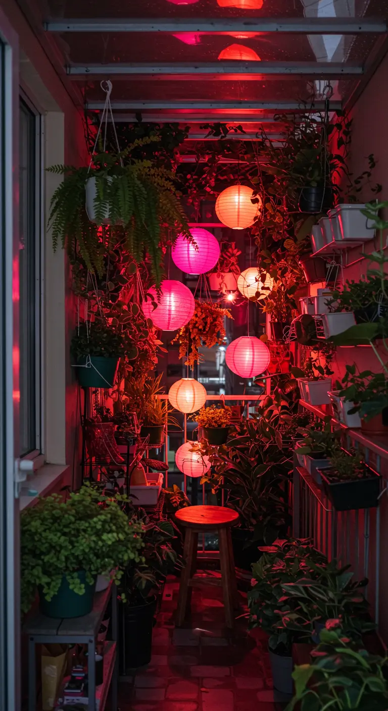 Balcón estrecho y lleno de plantas iluminado con lámparas de papel fucsias y naranjas