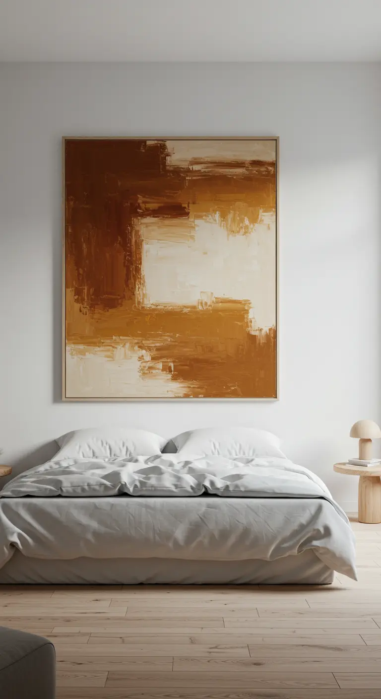 Gran cuadro abstracto en tonos tierra colgado sobre una cama con ropa blanca.