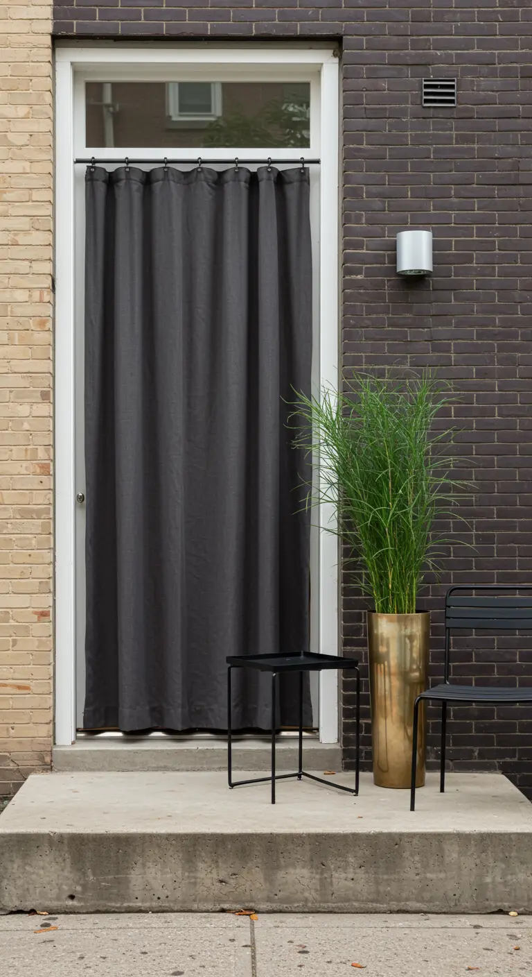 Puerta de entrada con una cortina de lino gris oscuro para dar privacidad, junto a una maceta dorada.