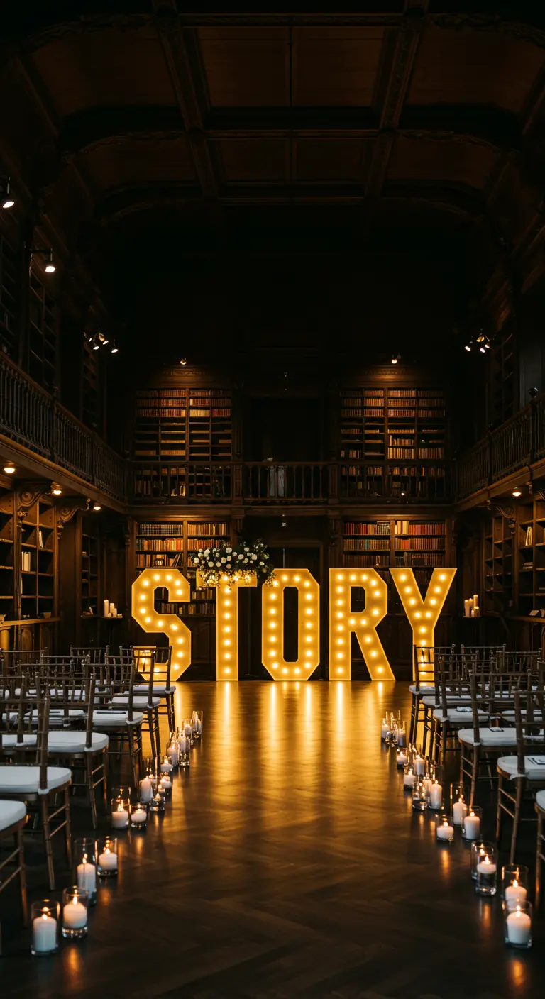 Letras luminosas con la palabra STORY en el pasillo de una biblioteca antigua y elegante.