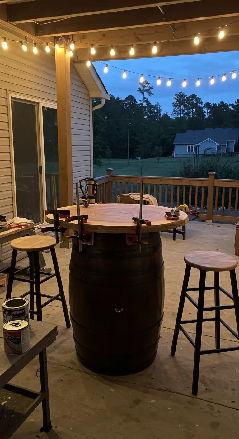 Mesa alta con base de barril y tapa de madera redonda en proceso de encolado en un porche