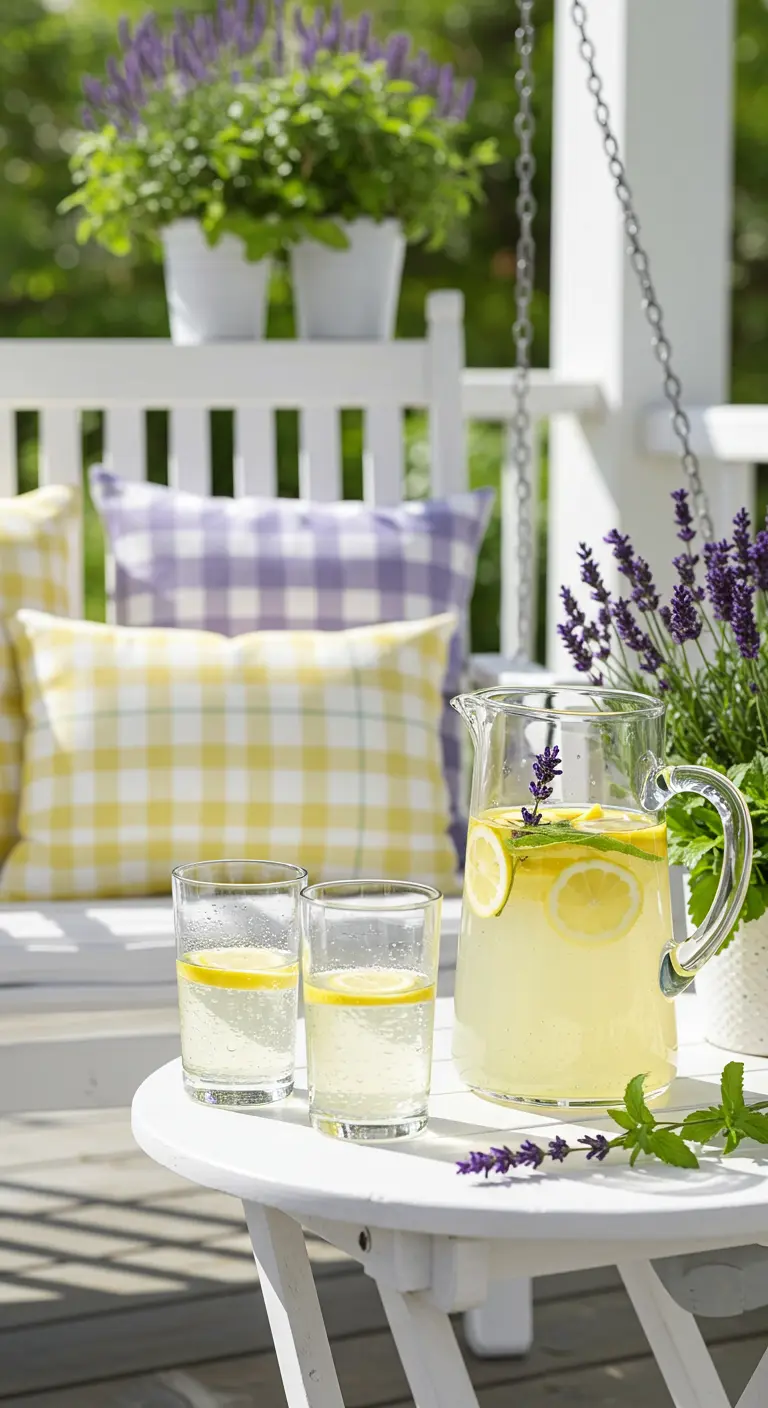 Escena veraniega en un porche blanco con cojines de cuadros lavanda y una jarra de limonada.