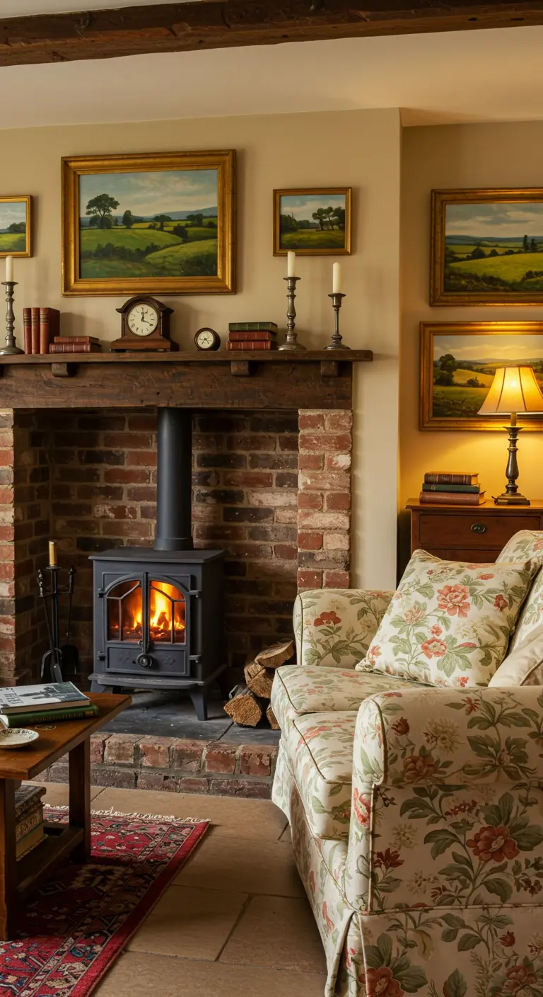 Acogedora sala de estar de estilo campiña inglesa con sofá floral y chimenea de ladrillo.