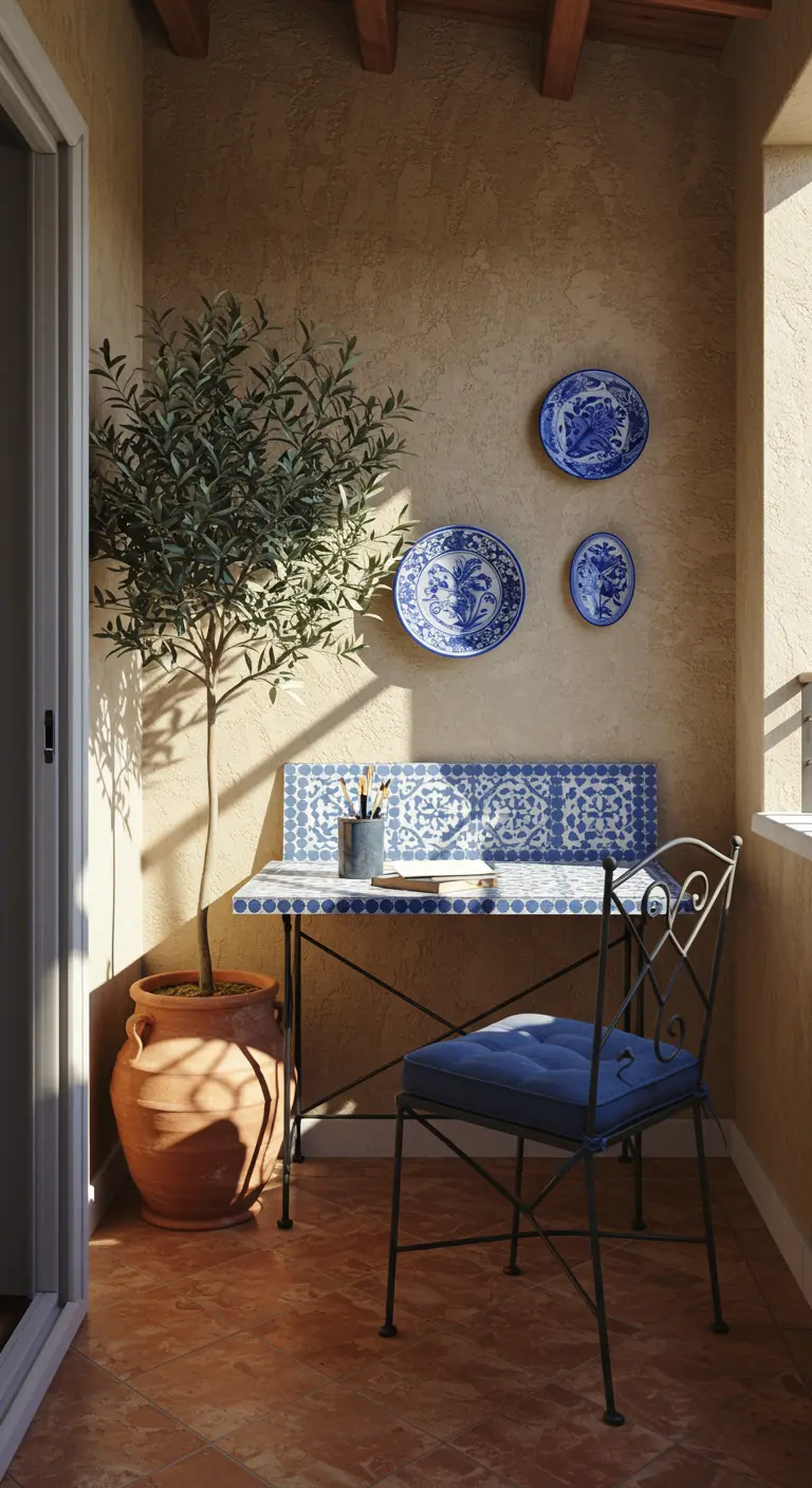 Rincón de trabajo de inspiración mediterránea con mesa de azulejos y un olivo en maceta