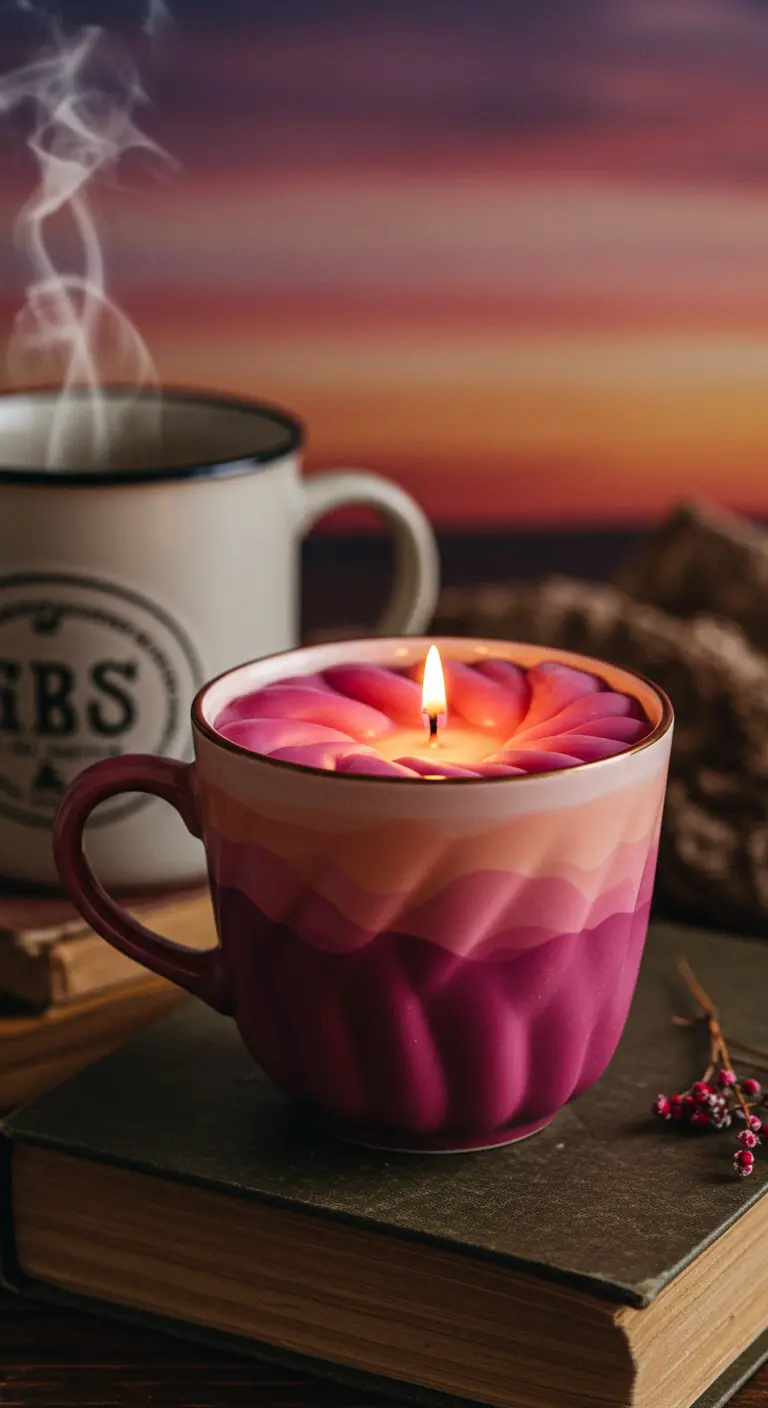 Vela encendida en una taza de cerámica rosa con capas onduladas en tonos fucsia y melocotón.