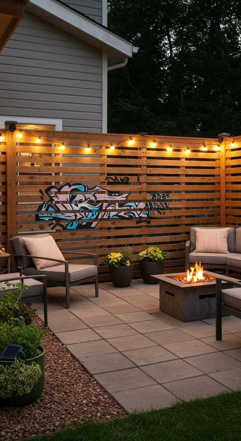 Patio con una valla de madera decorada con un grafiti, un fogón y una guirnalda de luces