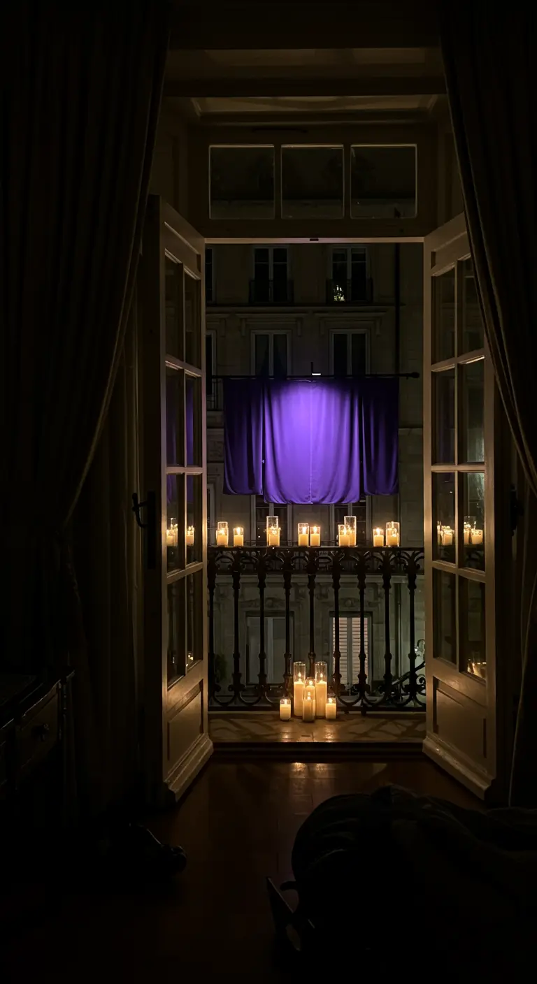 Vista desde una habitación oscura hacia un balcón con tela morada y velas.