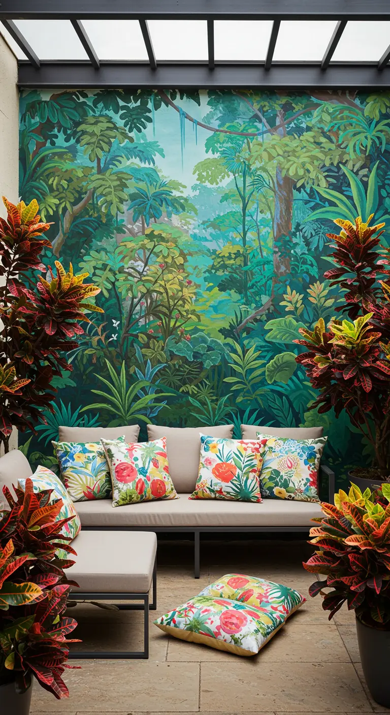 Patio con un gran mural de una selva tropical detrás de un sofá con cojines florales.