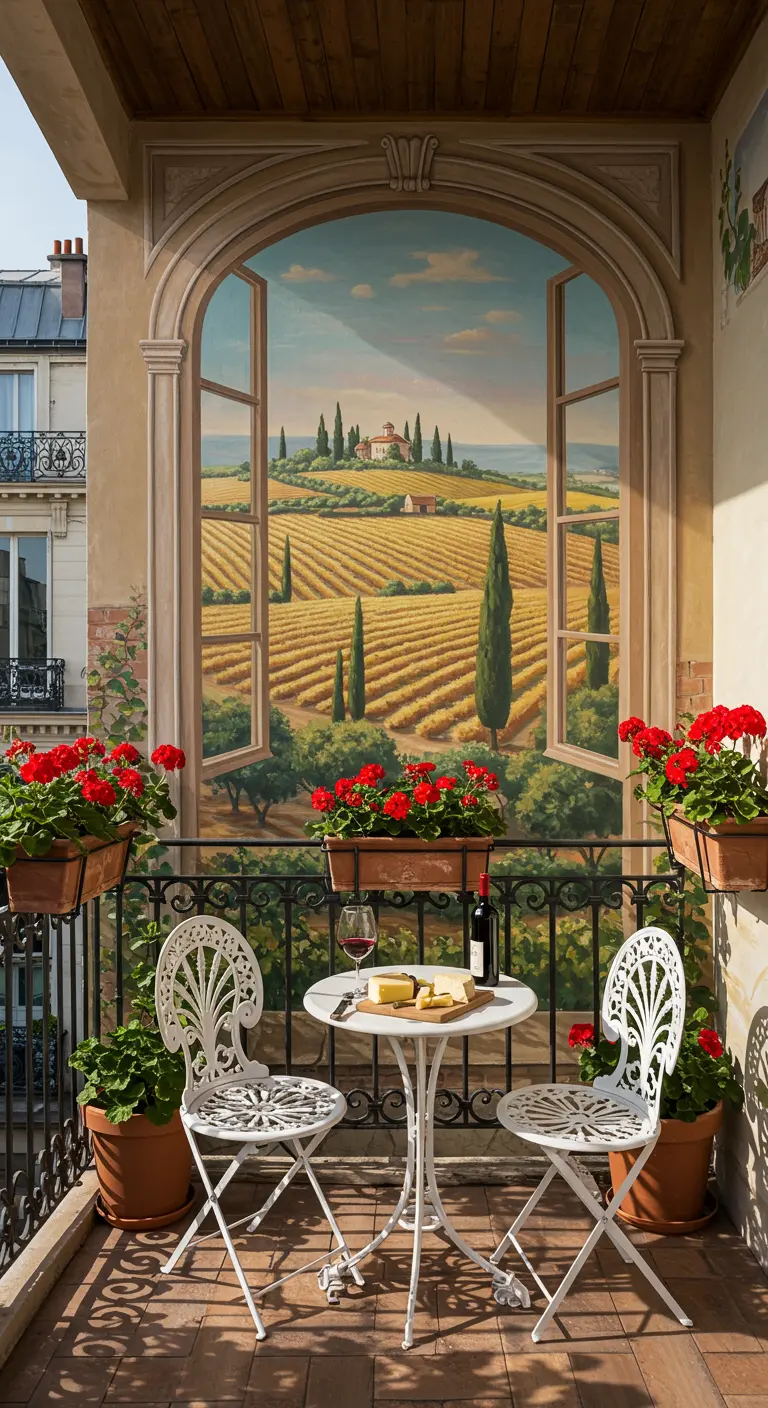 Balcón de estilo toscano con un mural de un paisaje de viñedos y una mesa con vino.
