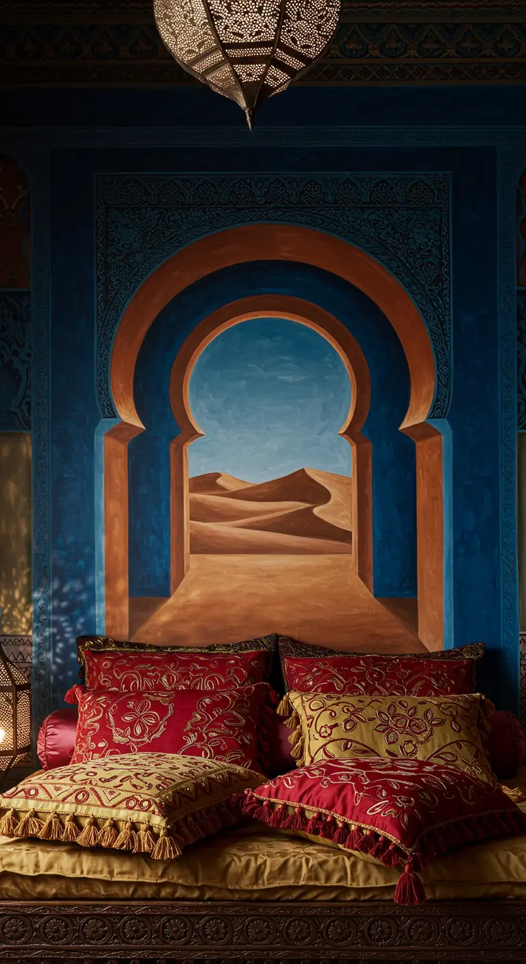 Mural de un arco marroquí que se abre a un paisaje desértico.