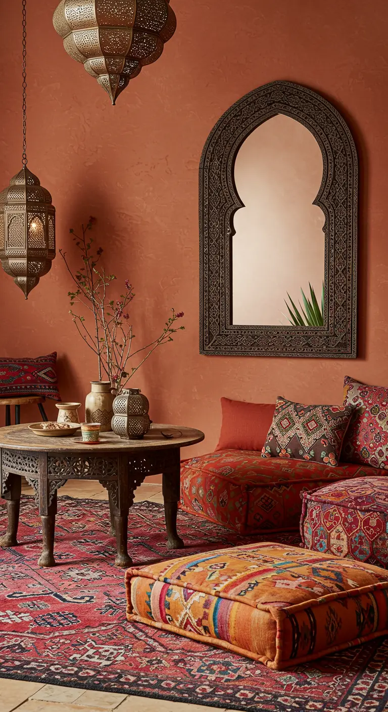 Espejo en forma de arco marroquí con marco tallado en una pared de color terracota