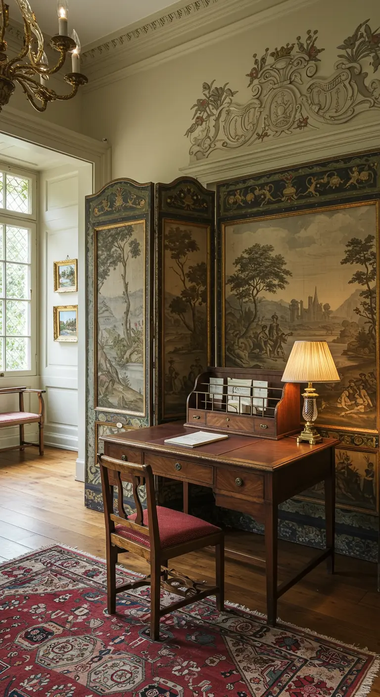 Despacho clásico con un biombo que muestra un paisaje antiguo de estilo europeo.