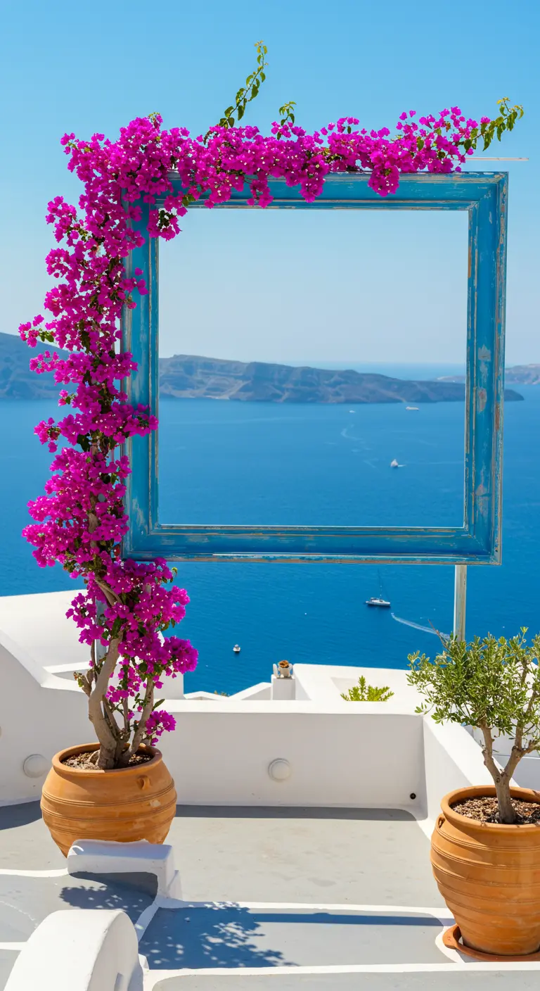 Un marco de ventana azul desgastado con buganvillas rosas que enmarca una vista al mar Egeo.
