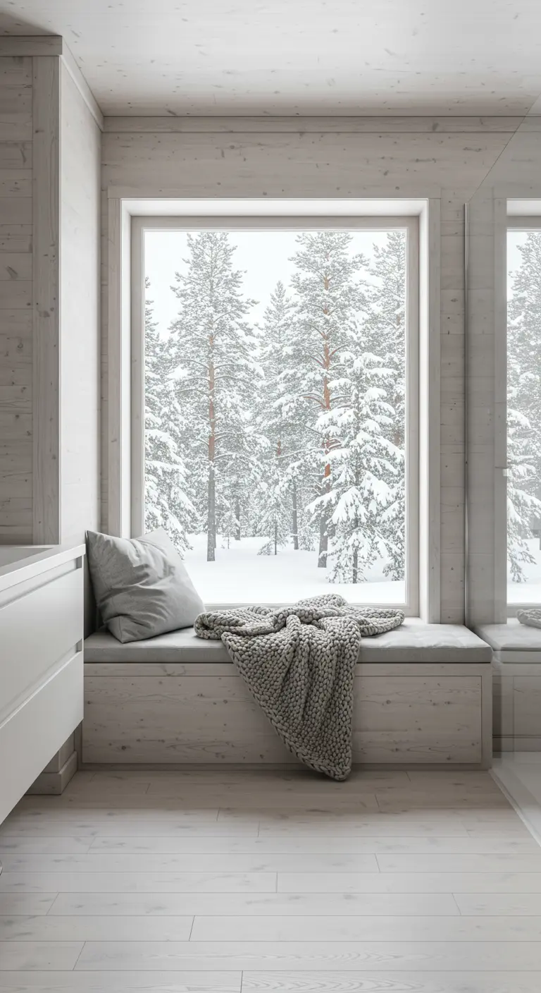 Rincón de baño con asiento de ventana, cojín y manta, con vistas a un bosque nevado.