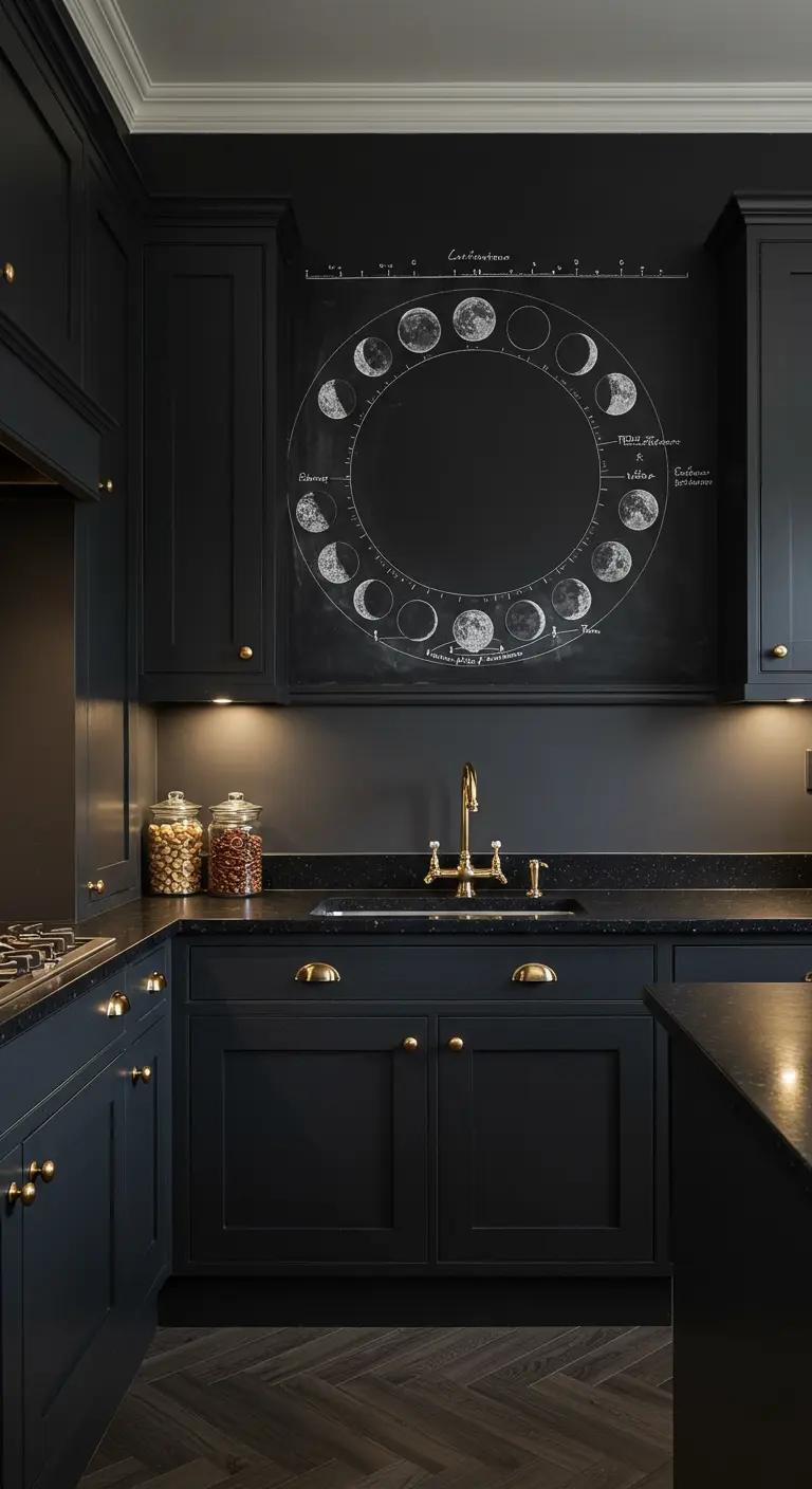 Cocina oscura y elegante con una pizarra que muestra un diagrama detallado de las fases de la luna.