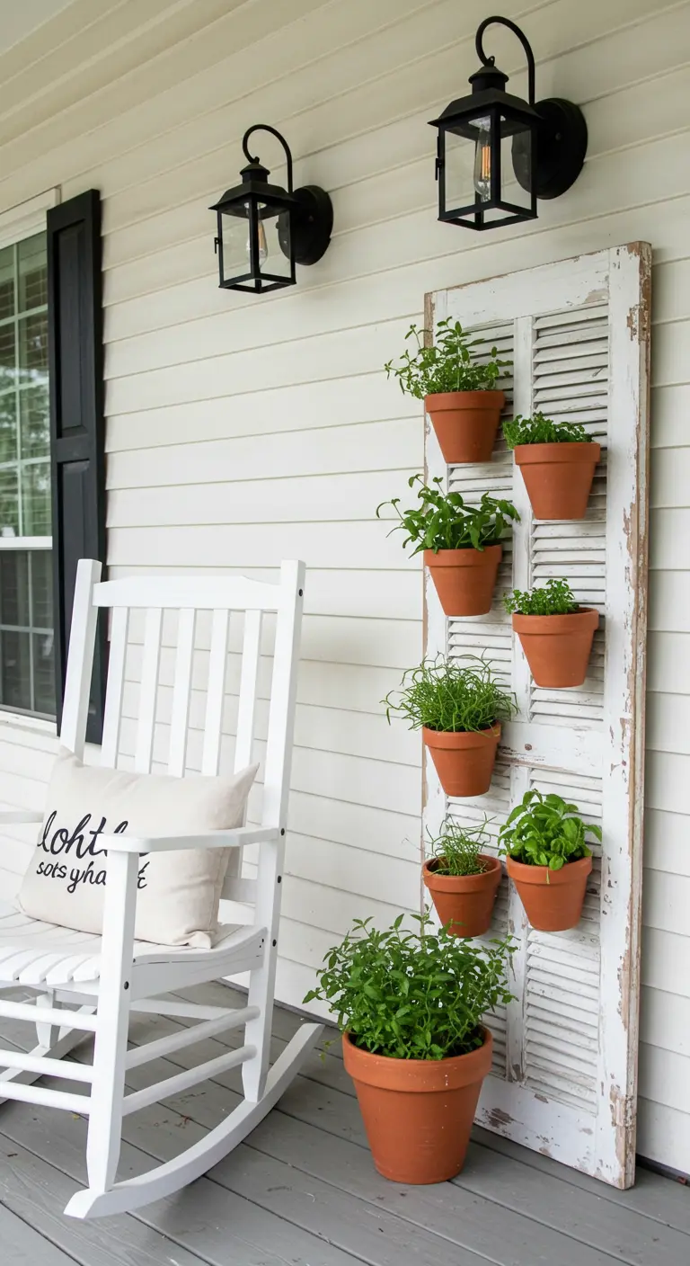 Contraventana de madera blanca reciclada como soporte para macetas de terracota con hierbas.