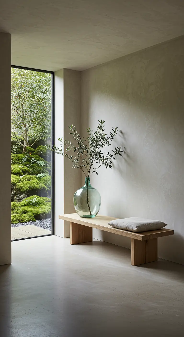 Banco de madera minimalista junto a una gran ventana que da a un jardín frondoso.