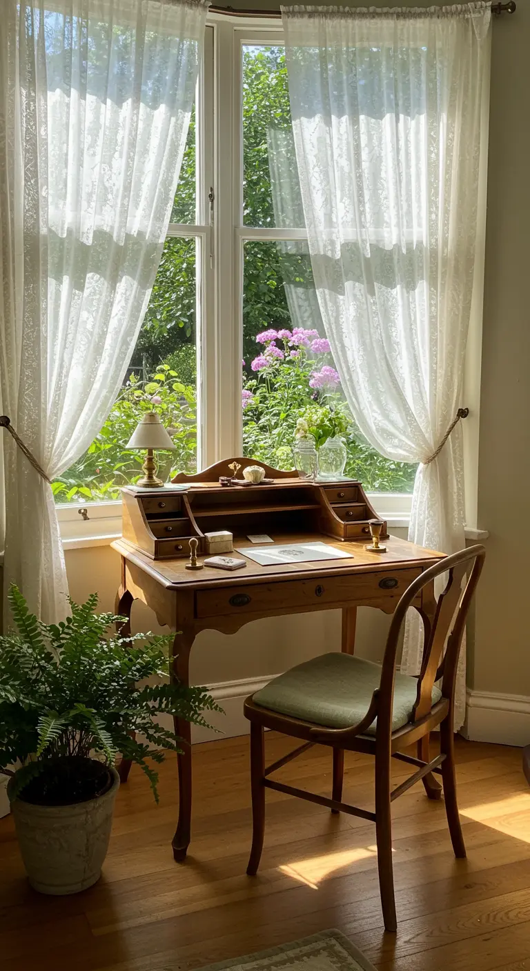 Escritorio de madera clara junto a una ventana con cortinas de encaje y vistas a un jardín florido.