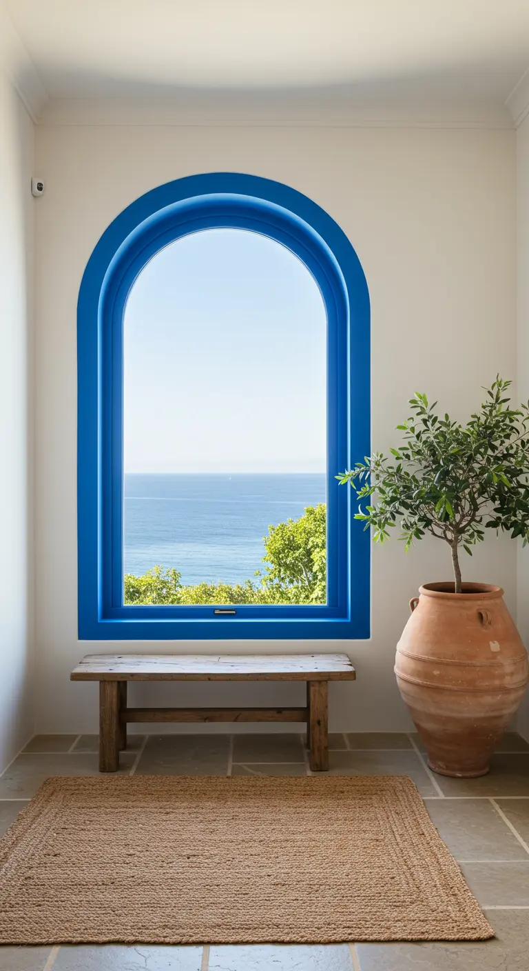 Ventana en forma de arco con el marco pintado de un azul intenso que da al mar.