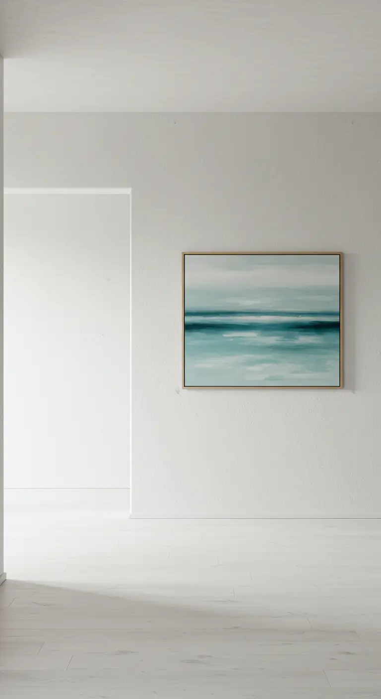 Pared blanca minimalista con un único cuadro abstracto de un paisaje marino en tonos azules.
