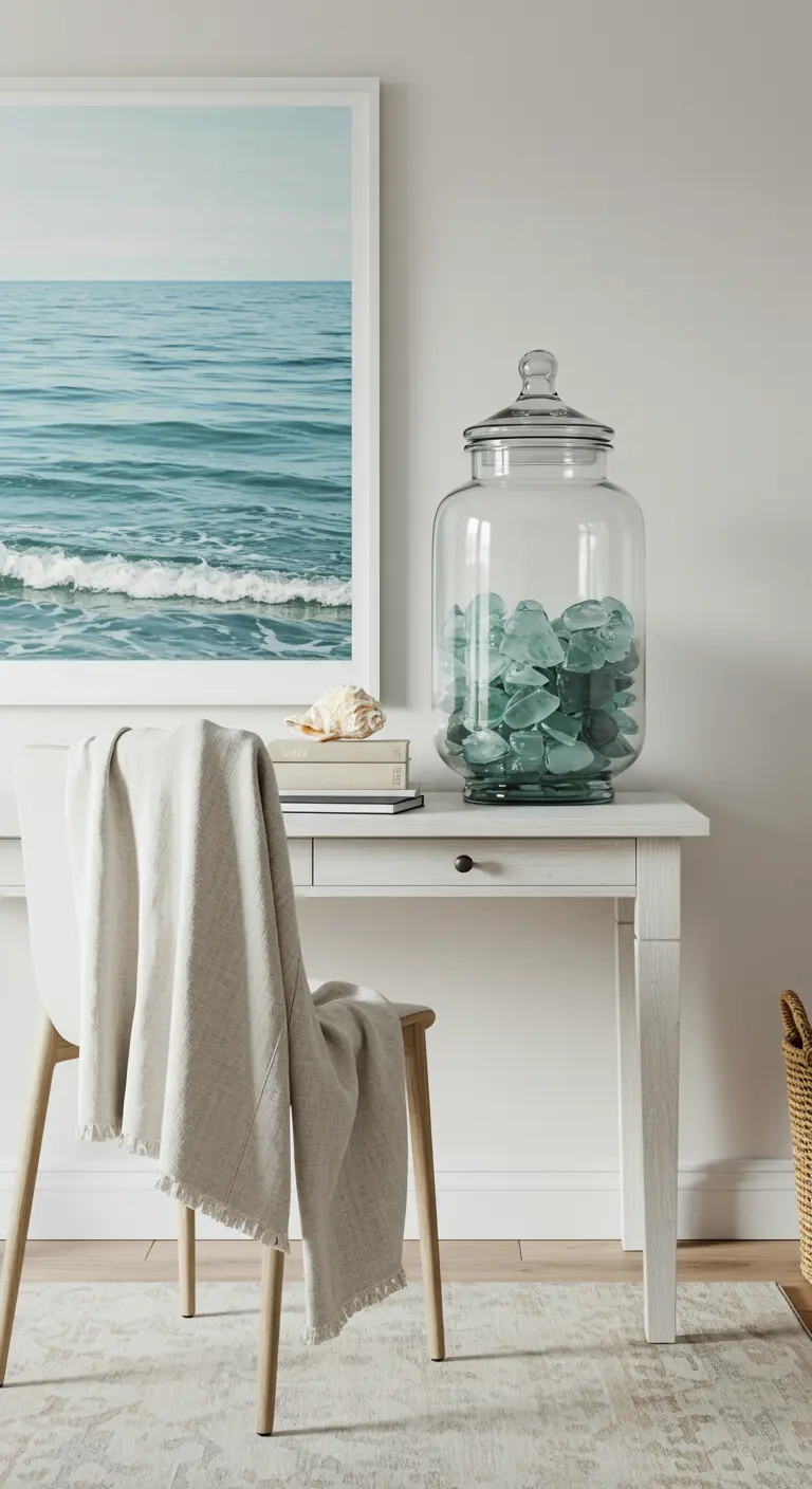 Escritorio blanco con un gran cuadro de una playa, un jarrón con cristales de mar y una manta de lino.