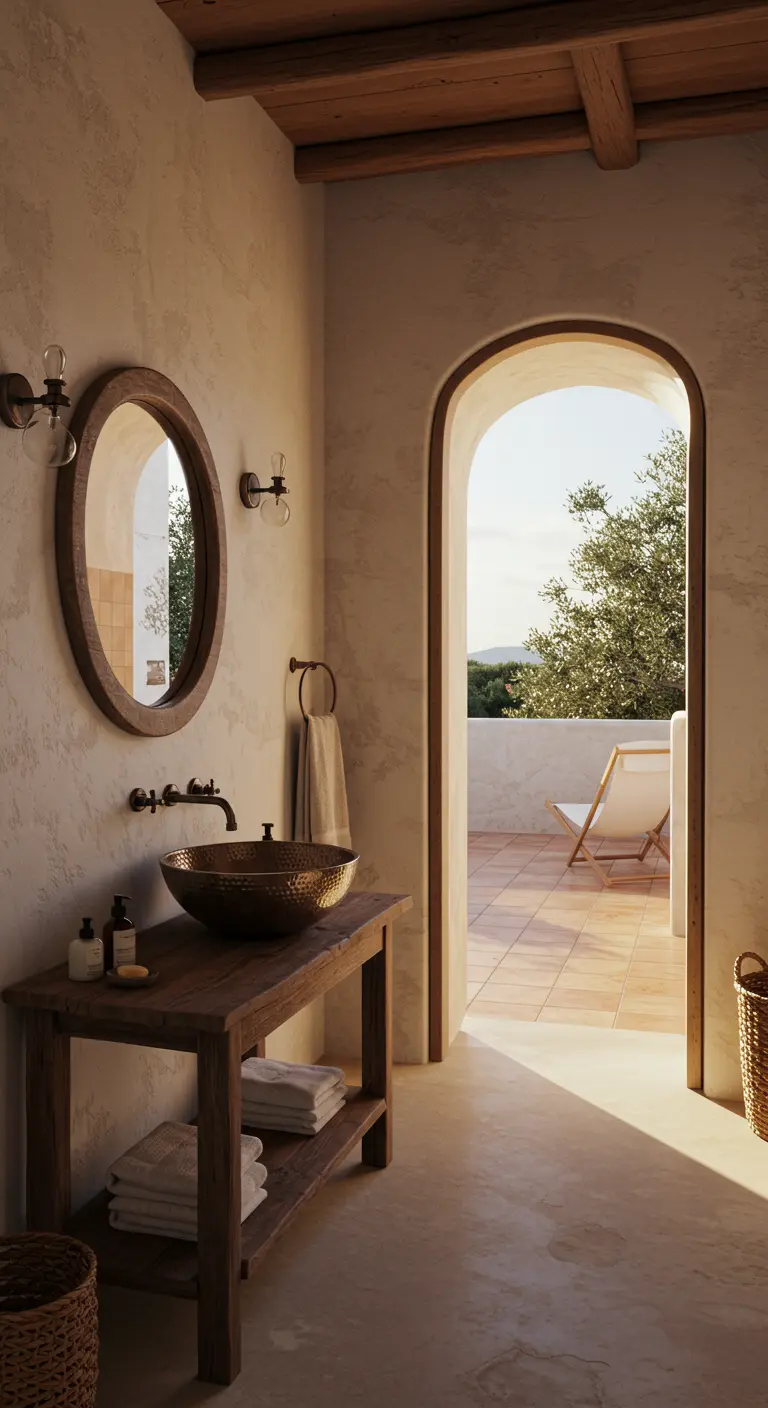 Baño de estilo mediterráneo con arco, espejo de madera y lavabo de cobre.